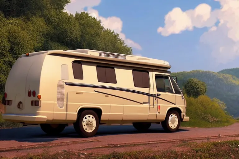 Image similar to a wholesome animation key shot of!! one!! focused! 1 9 9 4 fiat hymer motorhome! in the romanian countryside, medium shot, studio ghibli, ( ( pixar ) ) and disney animation, sharp, very detailed, high resolution, rendered in unreal engine 5, anime key art by greg rutkowski, bloom, dramatic lighting