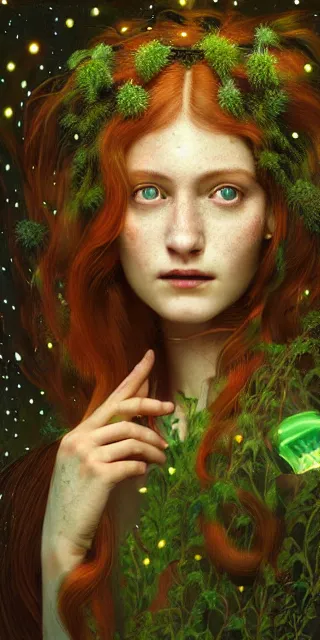 Prompt: amazed and serene young woman, surrounded by firefly lights, full covering intricate detailed dress, amidst nature, long red hair, precise linework, accurate green eyes, small nose with freckles, beautiful smooth oval shape face, empathic, expressive emotions, dramatic lights, hyper realistic ultrafine art by artemisia gentileschi, jessica rossier, boris vallejo