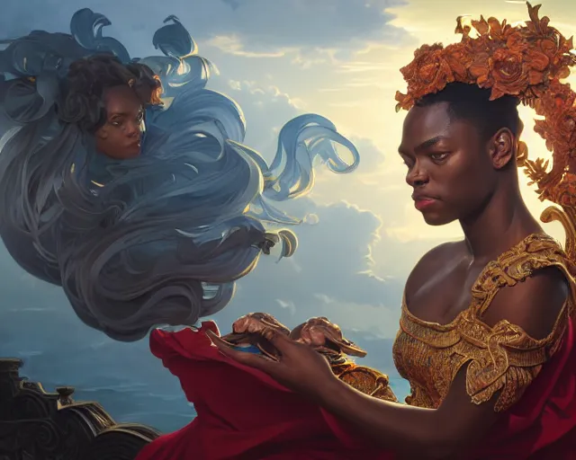 Image similar to photography of kehinde wiley, deep focus, d & d, fantasy, intricate, elegant, highly detailed, digital painting, artstation, concept art, matte, sharp focus, illustration, hearthstone, art by artgerm and greg rutkowski and alphonse mucha