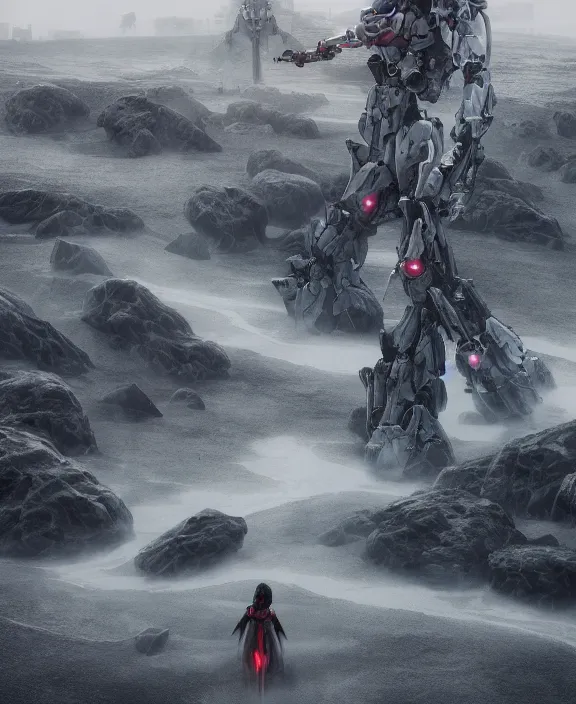 Prompt: surreal romantic mecha covenant deformation tower, futuristic berserk white architecture in the beach in iceland, foggy, highly detailed, digital painting, arstation, concept art, hyperealistic octane render, unreal engine,