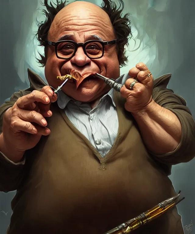 Image similar to danny devito as a fantasy goblin smoking a pipe, portrait, fantasy, intricate, elegant, highly detailed, digital painting, artstation, concept art, smooth, sharp focus, illustration, art by artgerm and greg rutkowski and alphonse mucha