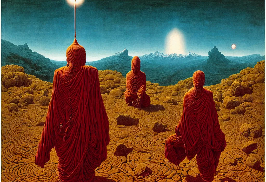 Prompt: an ancient creature, by asaf hanuka, by caspar david friedrich, by zdzisław beksinski, tibetan painting, indian art, soviet art, dichromatism, full frame, polyhedral, divine, powerful, accent lighting, cotton, corduroy, crochet, on path to enlightenment