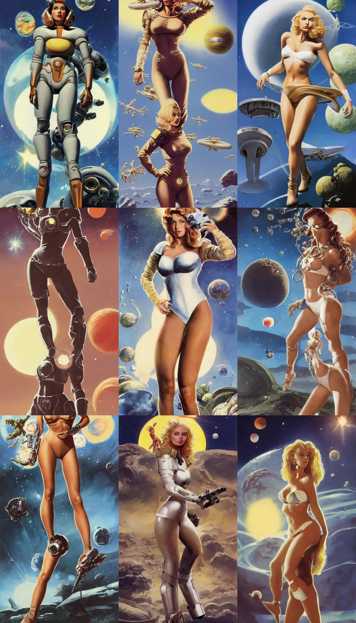 Prompt: A mixed media portrait painting of a beautiful blonde brunette woman exploring an alien planet with three suns, very curvy, aesthetic! high-waisted white-bikini-armor and boots, holding raygun, aesthetic symmetrical face and eyes, model, Scandinavian, wet, discarded mechsuit in background, by Frank Frazetta, Boris Vallejo, Beeple, Greg Rutkowski, Christian MacNevin, eighties-pinup style, epic fantasy character art, high fantasy, CGsociety, exquisite detail, post-processing, masterpiece, cinematic