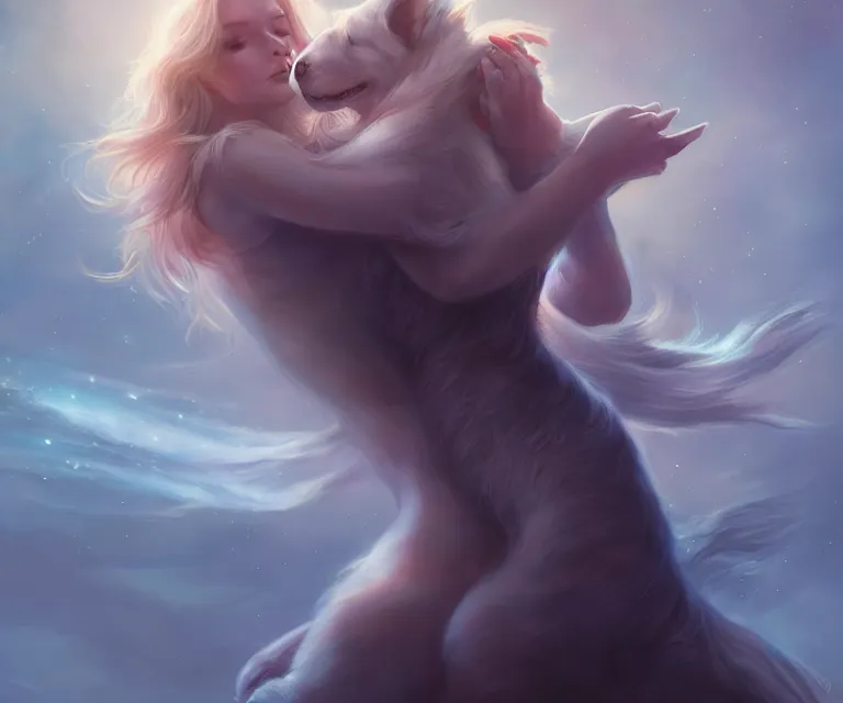 Prompt: girl hugging cosmo the spacedog by charlie bowater and titian and artgerm, full body portrait, intricate, face, elegant, beautiful, highly detailed, dramatic lighting, sharp focus, trending on artstation, artstationhd, artstationhq, unreal engine, 4 k, 8 k