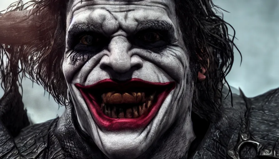 Image similar to close - up skyrim character screenshot of the joker screaming at you about society, solo portrait, enb, 4 k, bokeh, beautiful, detailed