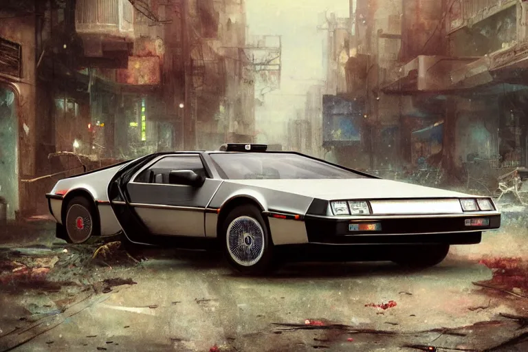 Image similar to photograph of the delorean, with a sleek spoiler, driving down the streets of a cyberpunk abandoned city, by greg rutkowski, by stanley artgerm, by alphonse mucha