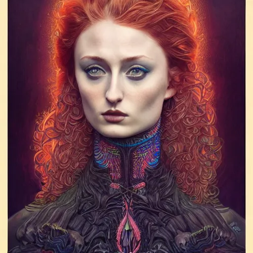 Image similar to portrait of sophie turner, hyper detailed masterpiece, neon floral pattern, jean giraud, digital art painting, darkwave goth aesthetic, psychedelic, artgerm, donato giancola and tom bagshaw