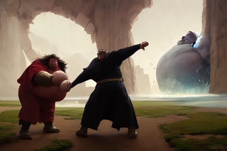 Prompt: a dynamic painting of a medieval sorcerer fighting a gigantic white fat monster, obese monstrosity fight by ilya kuvshinov and jeremy lipking and quentin mabille, realism, ultra detailed, 8 k resolution