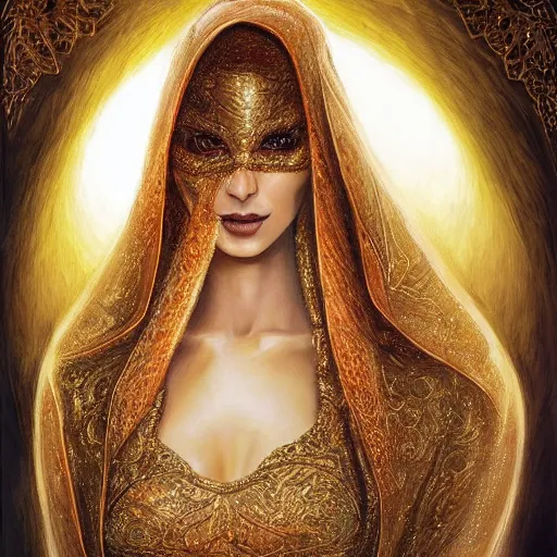 Image similar to a beautiful woman wearing a white niqab made of silk with golden jewelry and diamonds by alex gray and android jones, karol bak, ayami kojima, arabian, concept art, fantasy