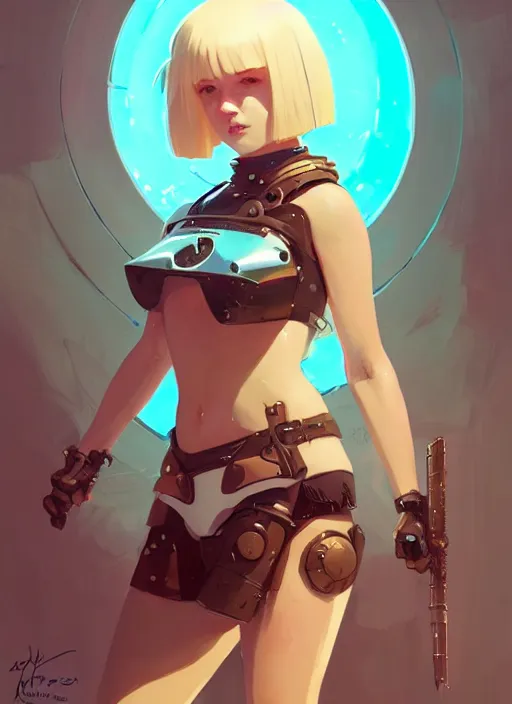 Image similar to portrait of cute shieldmaiden girl in cyber bikini armor, face by ilya kuvshinov, warhammer, cyberpunk, viking, by atey ghailan, by greg rutkowski, by greg tocchini, by james gilleard, by joe fenton, by kaethe butcher, dynamic lighting, gradient light blue, brown, blonde cream and white color in scheme, grunge aesthetic