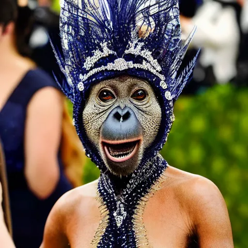 Prompt: An orangutan wearing navy designer dress and sapphires attending the Met Gala, hyperdetailed, photorealistic, high fashion