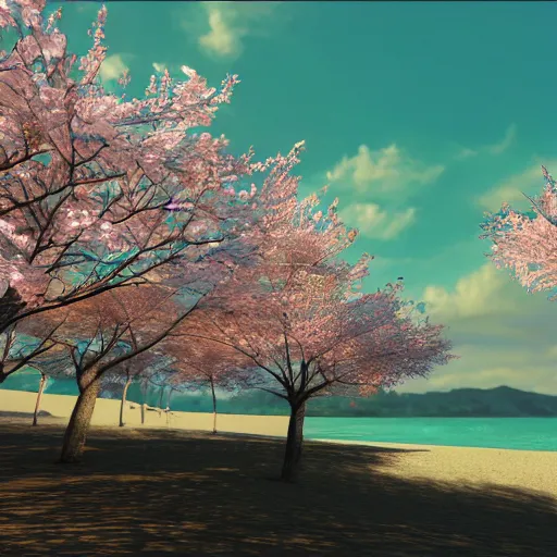 Image similar to very beautiful beach landscape with sakura trees, unreal engine