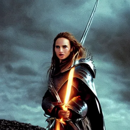 Prompt: a still from “ lord of the rings ” of a head and shoulders portrait of natalie portman as a heavily armored paladin with a flaming sword, photo by phil noto