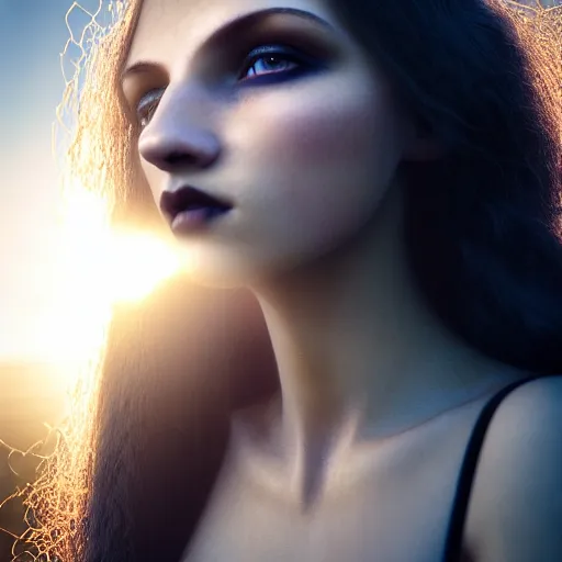 Prompt: photographic portrait of a stunningly beautiful gothic female in soft dreamy light at sunset, god rays, contemporary fashion shoot, by edward robert hughes, annie leibovitz and steve mccurry, david lazar, jimmy nelsson, breathtaking, 8 k resolution, extremely detailed, beautiful, establishing shot, artistic, hyperrealistic, beautiful face, octane render