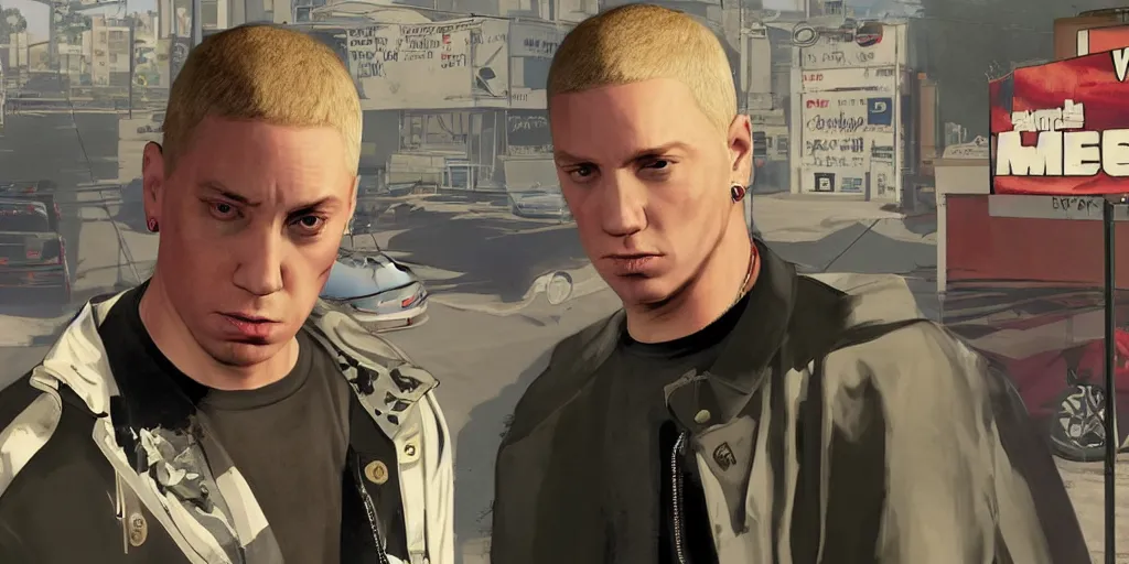 Image similar to eminem in gta v, cover art by stephen bliss, loading screen