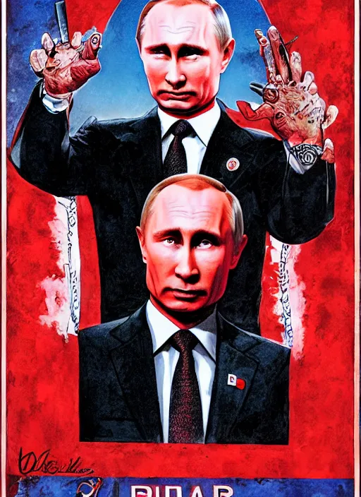 Image similar to putin is a blood dictator, movie poster in the style of drew struzan