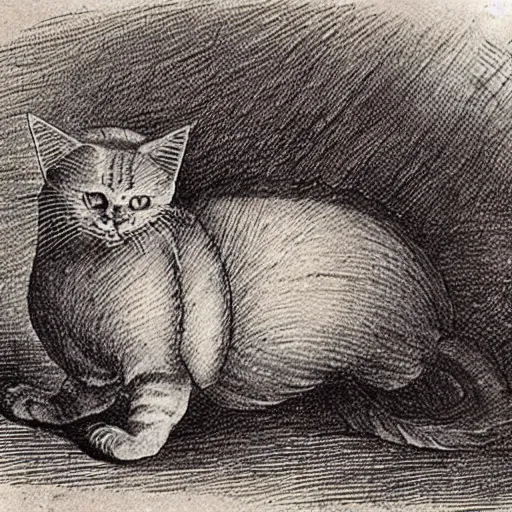 Prompt: da vinci ’ s sketchbook, showing the detailed design of cats,