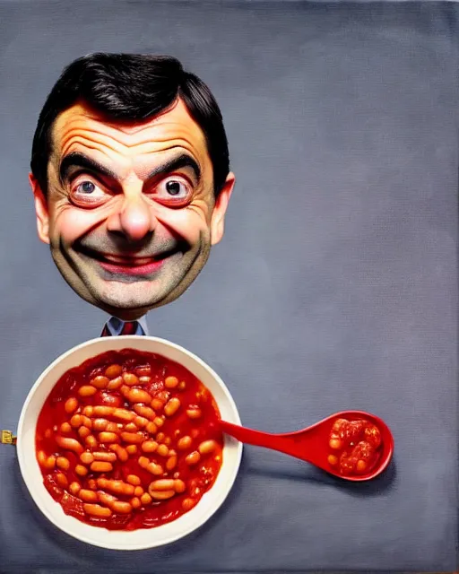 Image similar to portrait of mr bean smiling in a bowl full of baked beans, face fully covered in beans and tomato sauce, soft red skin, baked beans for eyes, rowan atkinson, mr bean face, oil painting, highly detailed