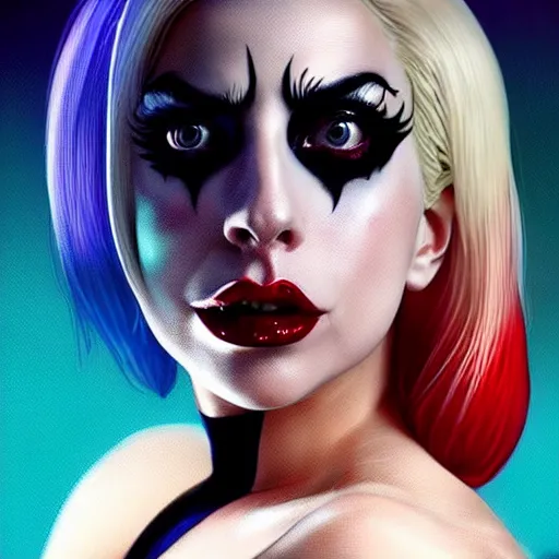Image similar to lady gaga as harley quinn, perfect full shot photo, intricate, elegant, super highly detailed, professional digital painting, artstation, concept art, smooth, sharp focus, no blur, no dof, extreme illustration, Unreal Engine 5, 8K, art by artgerm and greg rutkowski and alphonse mucha and loish and WLOP