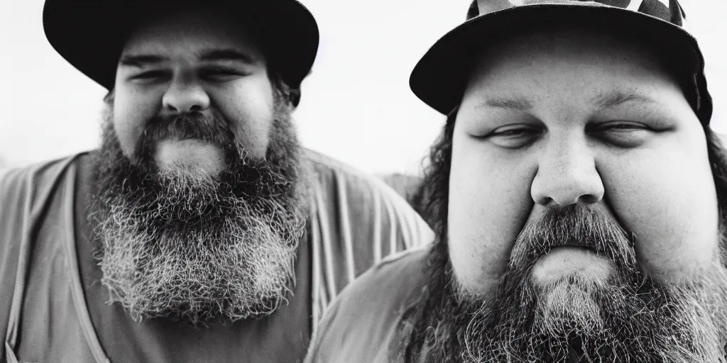 Image similar to obese redneck white male with long beard, wearing dirty overalls, dirty face, grin, portrait, close up, kodak gold 2 0 0, 5 0 mm