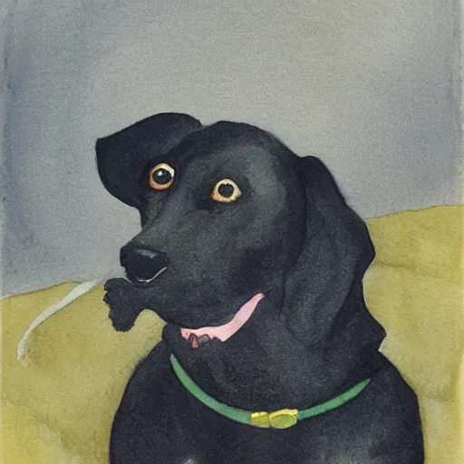 Image similar to a watercolor of a small black dog drinking beer by charles e. burchfield