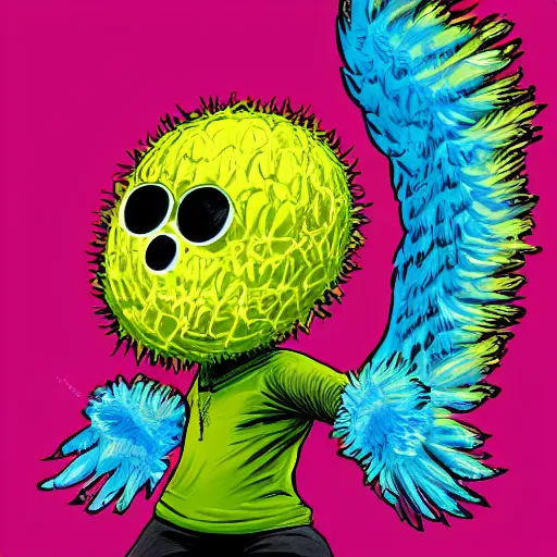 Prompt: a tennis ball monster with angel halo and wings, balaclava, tennis ball, urban, hip hop, rap, colorful, digital art, fantasy, magic, trending on artstation, ultra detailed, professional illustration by Basil Gogos