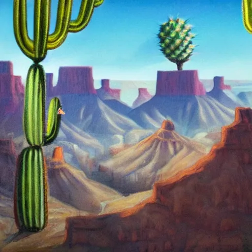 Prompt: desert city with treehouses in giant cactus overlooking the grand canyon with larged ringed plant rising in sky detailed magical realism sci fi painting