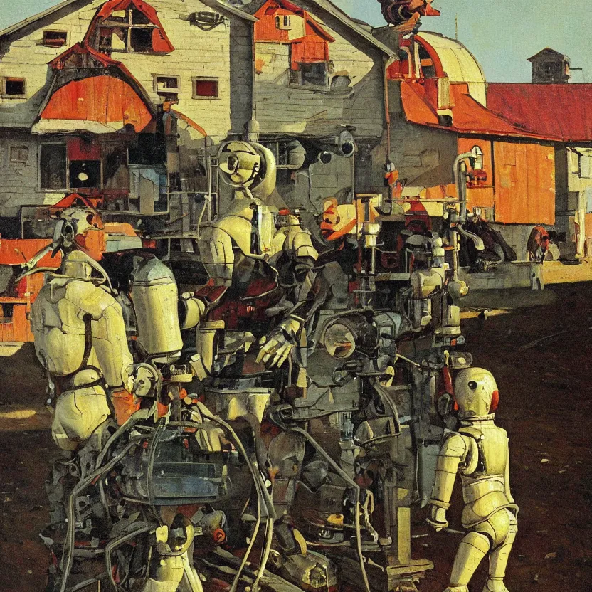 Image similar to portrait painting of a robot made of shiny reflective chrome in front of a barn and farm, painted by norman rockwell. agricultural scene. pulp sci - fi art for omni magazine. high contrast. baroque period, oil on canvas. renaissance masterpiece. trending on artstation. retrofuturism.