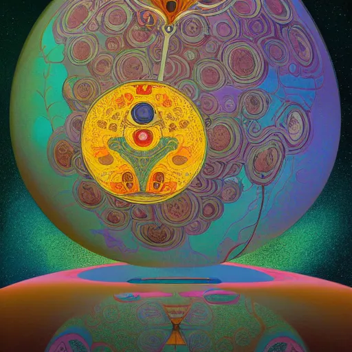 Prompt: a psychedelic illustration of a spherical terrestrial planet, with jewel protuberances, environment illustration, painted with oil, trending in behance, cgsociety, 4k post-processing highly detailed, alphonse mucha, Marijke Koger-Dunham, fractals, artnouveau, environements 8K symmetrical, against dark surreal space background, planet Mars