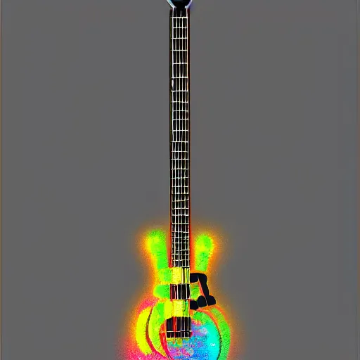 Image similar to guitar on a stand on a stage with a guitar amp, the guitar is futuristic steampunk style, textured with gears and tubes, 8 k, fluorescent colors, halluzinogenic, multicolored, exaggerated detailed, unreal engine - h 7 6 8