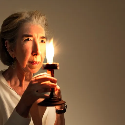 Prompt: a cinematic medium shot of lin shaye holding an oil lamp, realistic, cinematography, dutch angle, 5 0 mm, 3 point lighting, dark setting