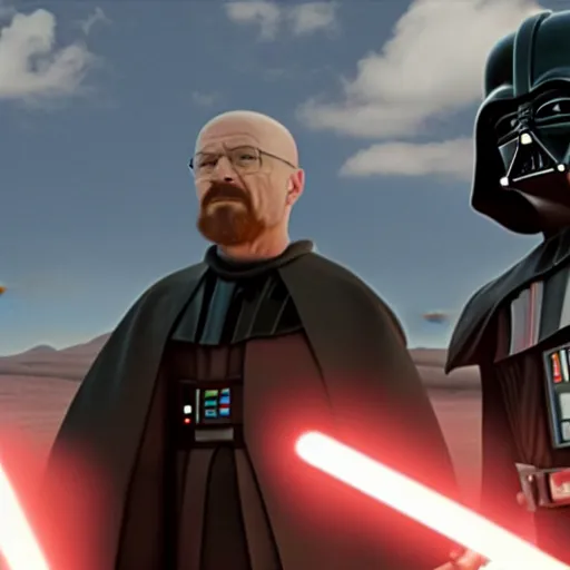 Prompt: Walter White on mustafar with Darth Vader