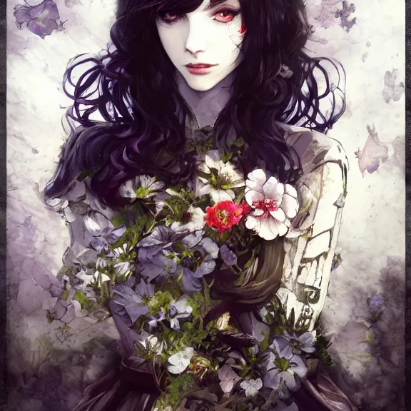 Image similar to goth christina hendricks with flowers in her hand, tankoban, 4 k, tone mapping, akihiko yoshida, james jean andrei riabovitchev marc simonetti, yoshitaka amano, long hair, curly, h. hydrochaeri