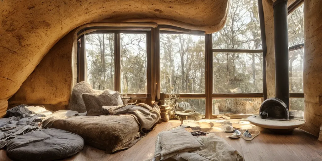 Image similar to cozy residence in the cap of enormous toadstool mushroom, warm light in windows, chimney