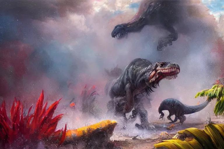 Image similar to highly detailed oil painting of a tyrannosaurus rex in a steaming colorful hotspring, featured on artstation