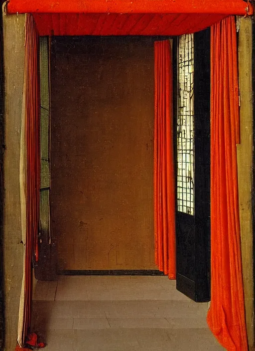 Image similar to red curtain on the floor, medieval painting by jan van eyck, johannes vermeer, florence