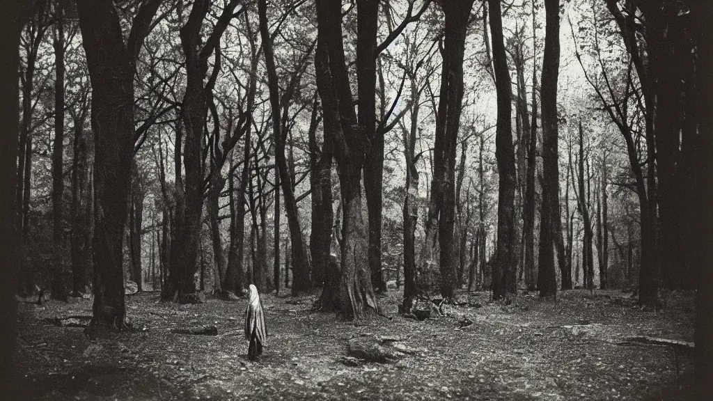 Image similar to An epic photo of an ancient terrifying Ezio Greggio in dark forest. by Diane Arbus and Louis Daguerre. highly detailed. 85mm, Bokeh