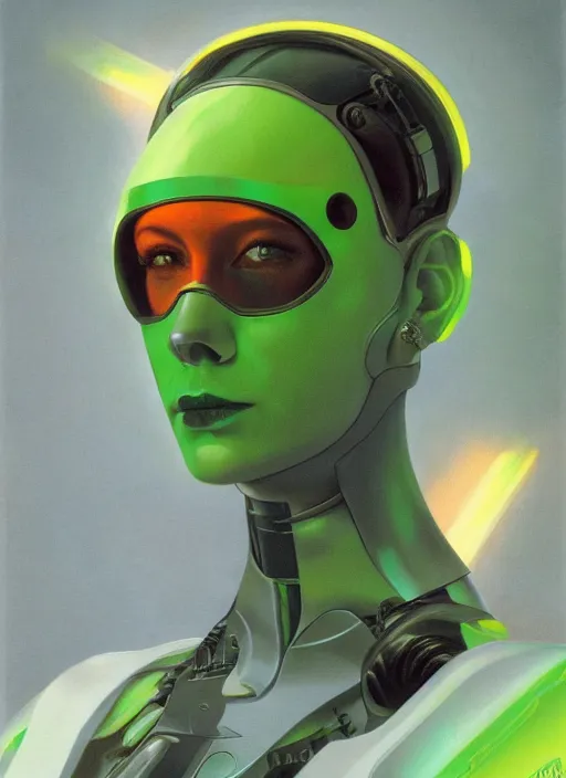 Image similar to ( symmetry ) closeup portrait of a stunning artificial cyborg female scientist, visor, strong cinematic light, backlight glow, green orange, viscous smoke, vapour, mist, by gerald brom, by mikhail vrubel, by peter elson, muted colors, extreme detail, trending on artstation, 8 k