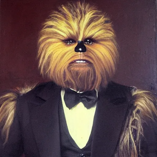 Prompt: portrait of chewbacca wearing a black buttoned jacket with a white puff tie, an american romanticism painting, a portrait painting, cgsociety, soft focus, oil on canvas, - c 1 5. 0