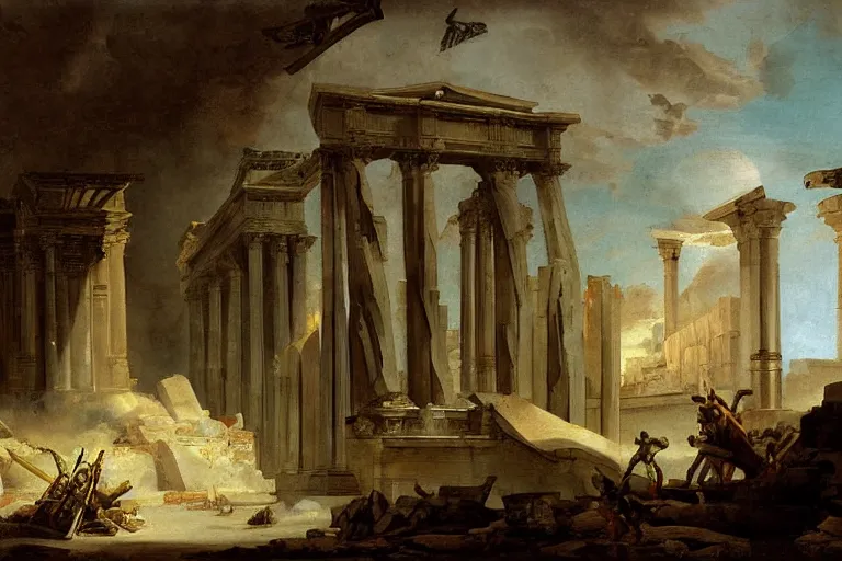 Image similar to painting spaceship crashed into rome temple by hubert robert detailed