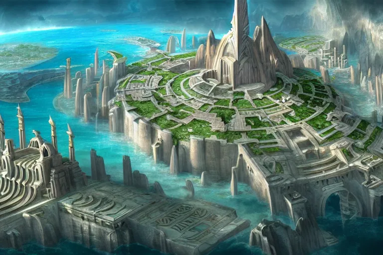 Image similar to a beautiful complex insanely detailed matte painting of the futuristic ancient city of Atlantis by Heironymous Bosch!!!!!!!, by James Gurney and Tyler Edlin, 4k, trending on artstation, aerial view