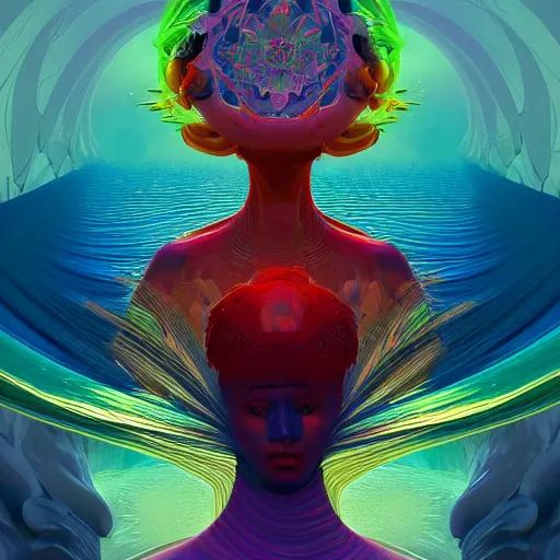 Image similar to colourful breathtakingly weird beautiful powerful magical wonderfully majestic beautifully cool character by michael whelan and moebius and beeple and kilian eng and dan mcpharlin and louis sullivan and pascal blanche and jamie hewlett and richard dadd, symmetrical, magical stormy reflections, smoke on water, 8 k artstation