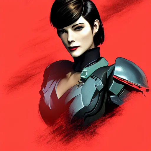 Image similar to A combination of Ada Wong's and Grace Kelly's and Ashley Greene's appearances wearing Interceptor's armor from Anthem, high tech, action shot, angular, full body portrait, futuristic, dramatic, fantasy, intricate, elegant, highly detailed, digital painting, artstation, concept art, matte, sharp focus, illustration, 8K, art by Donato Giancola and James Gurney