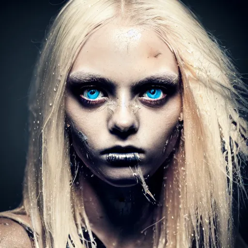 Image similar to A gorgeous blonde, grungy, unkept hair, glowing eyes, modelsociety, wet from rain, radiant skin, huge anime eyes, bright on black, dramatic, studio lighting, perfect face, intricate, Sony a7R IV, symmetric balance, polarizing filter, Photolab, Lightroom, 4K, Dolby Vision, Photography Award