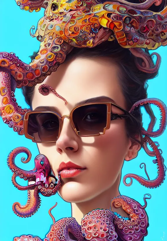 Prompt: close up of a beautiful woman wearing sunglasses and a colourful octopus as a hat, fantasy, intricate, elegant, highly detailed, digital painting, artstation, concept art, smooth, 8 k, sharp focus, illustration, art by artgerm and greg rutkowski and alphonse mucha