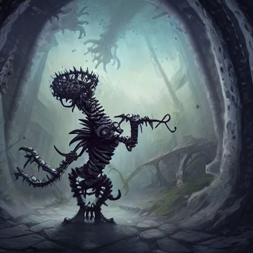 Prompt: a beholder creature patrolling, deep focus, d & d, fantasy, intricate, elegant, highly detailed, digital painting, dungeon, concept art, matte, sharp focus, illustration, hearthstone, skeletons, art by eva widermann and jesper ejsing