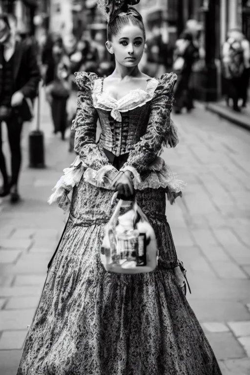 Image similar to Ariana Grande Victorian Era clothing, walking through the streets of London, XF IQ4, f/1.4, ISO 200, 1/160s, 8K, symmetrical face, beautiful eyes, black and white