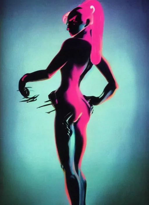 Image similar to female evil android, neon hair, glowing skin, strong line, saturated color, beautiful! coherent! by frank frazetta, high contrast, minimalism