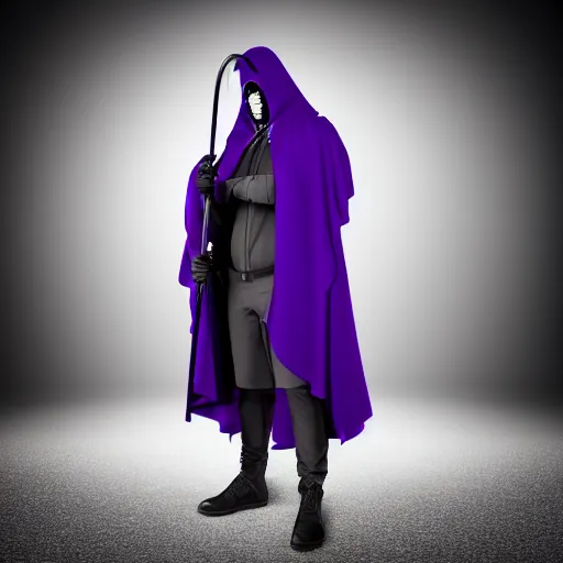 Image similar to grim reaper, purple cloak, full body