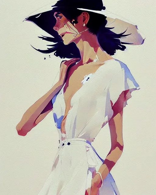 Image similar to a ultradetailed beautiful painting of a stylish woman wearing a white dress with a sun hat, by conrad roset, greg rutkowski and makoto shinkai trending on artstation